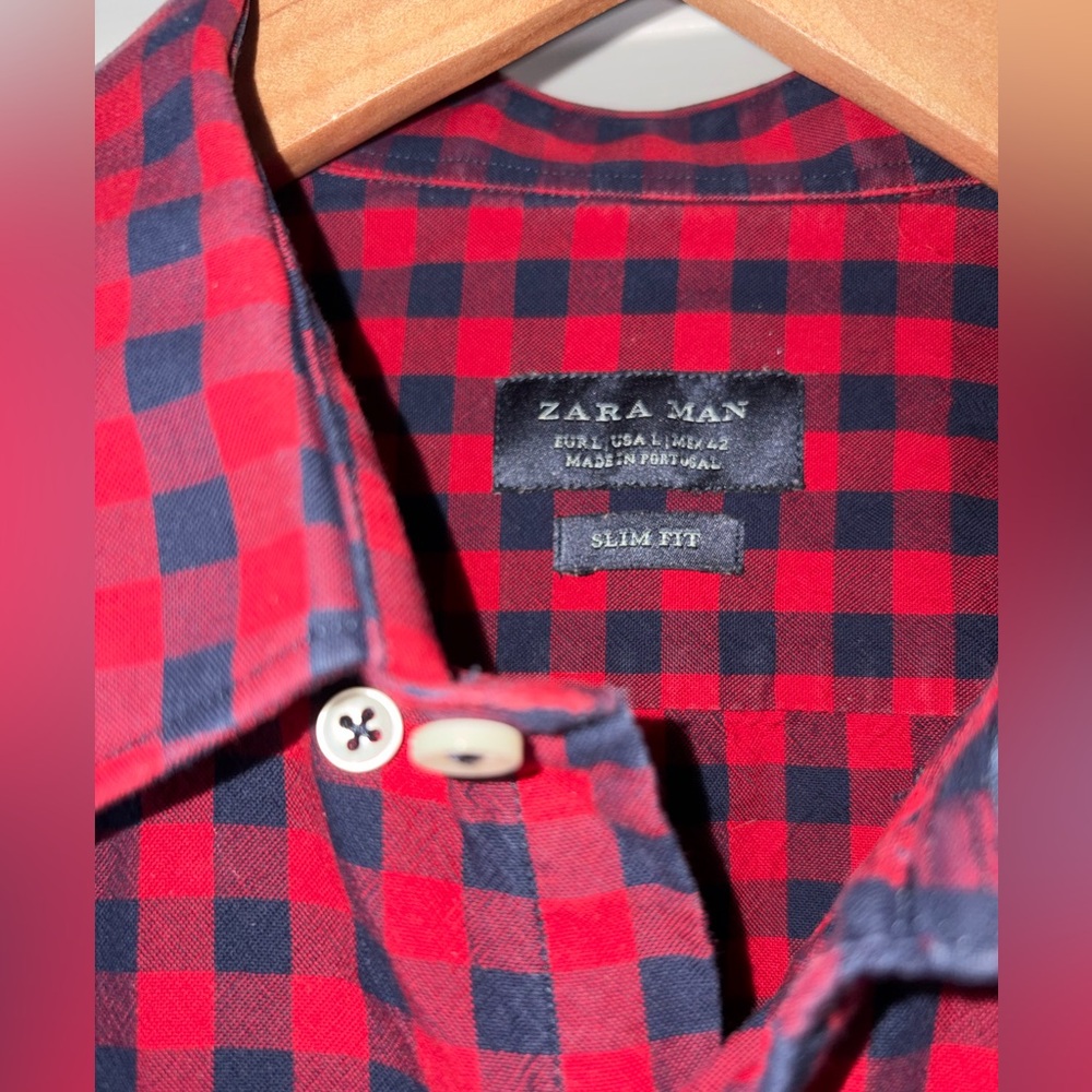 Zara Red and Black Checkered Buffalo Button Shirt Men's